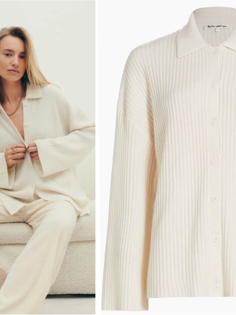 Reformation Ivory Ribbed Collared Button Cardigan